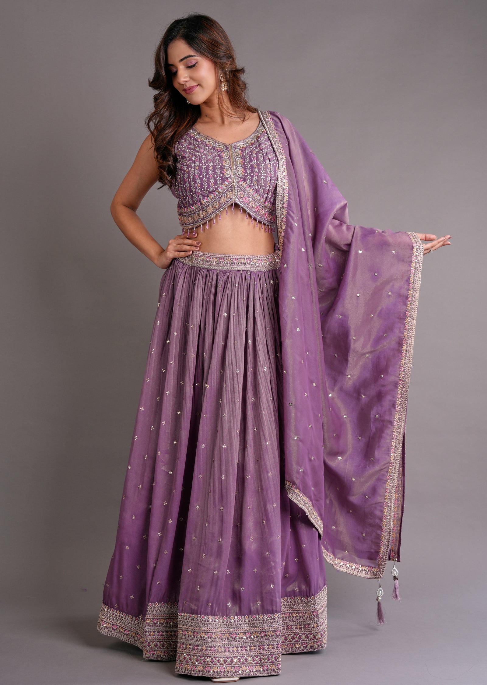 Mauve Tissue Silk Lehenga