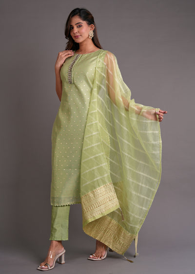 Light Green Organza Straight Cut Suit