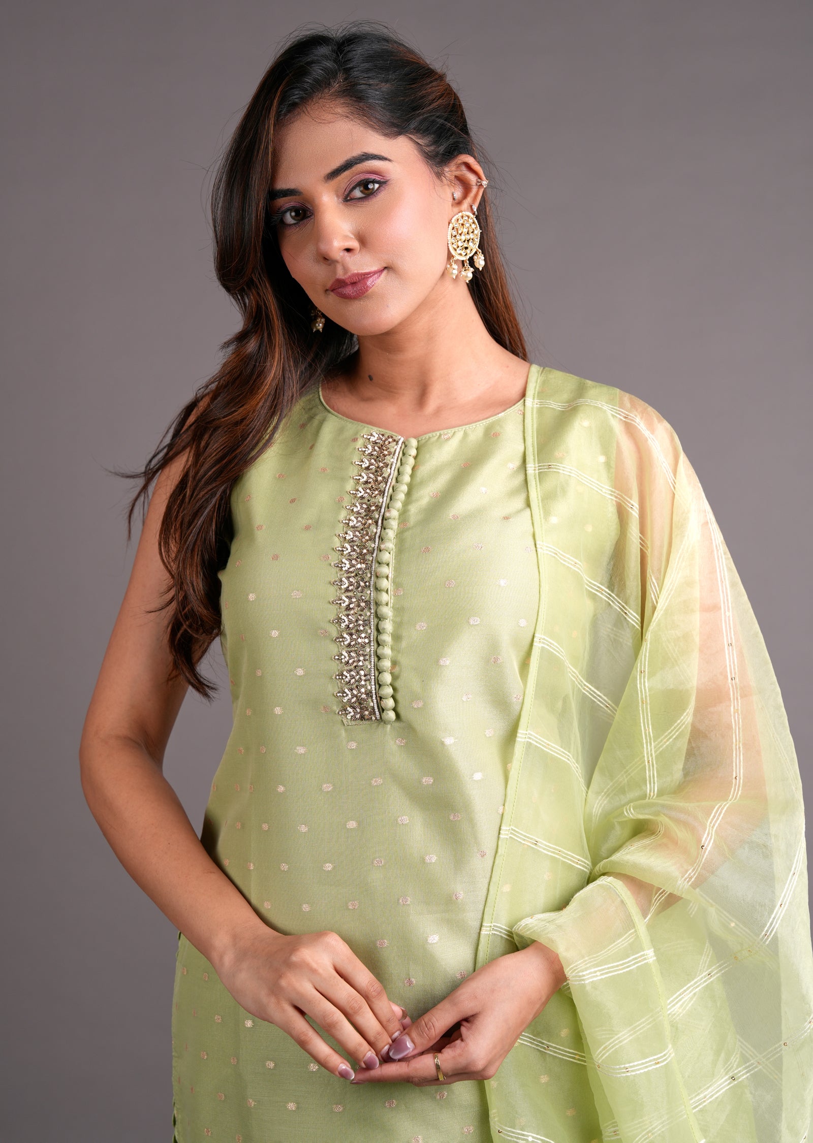Light Green Organza Straight Cut Suit