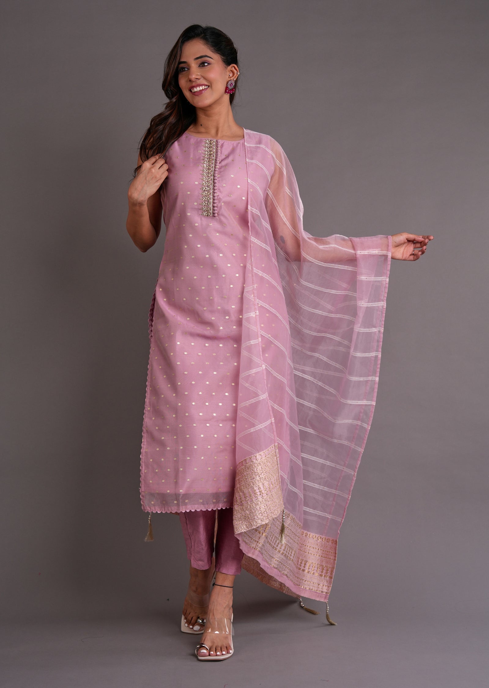 Light Pink Organza Straight Cut Suit