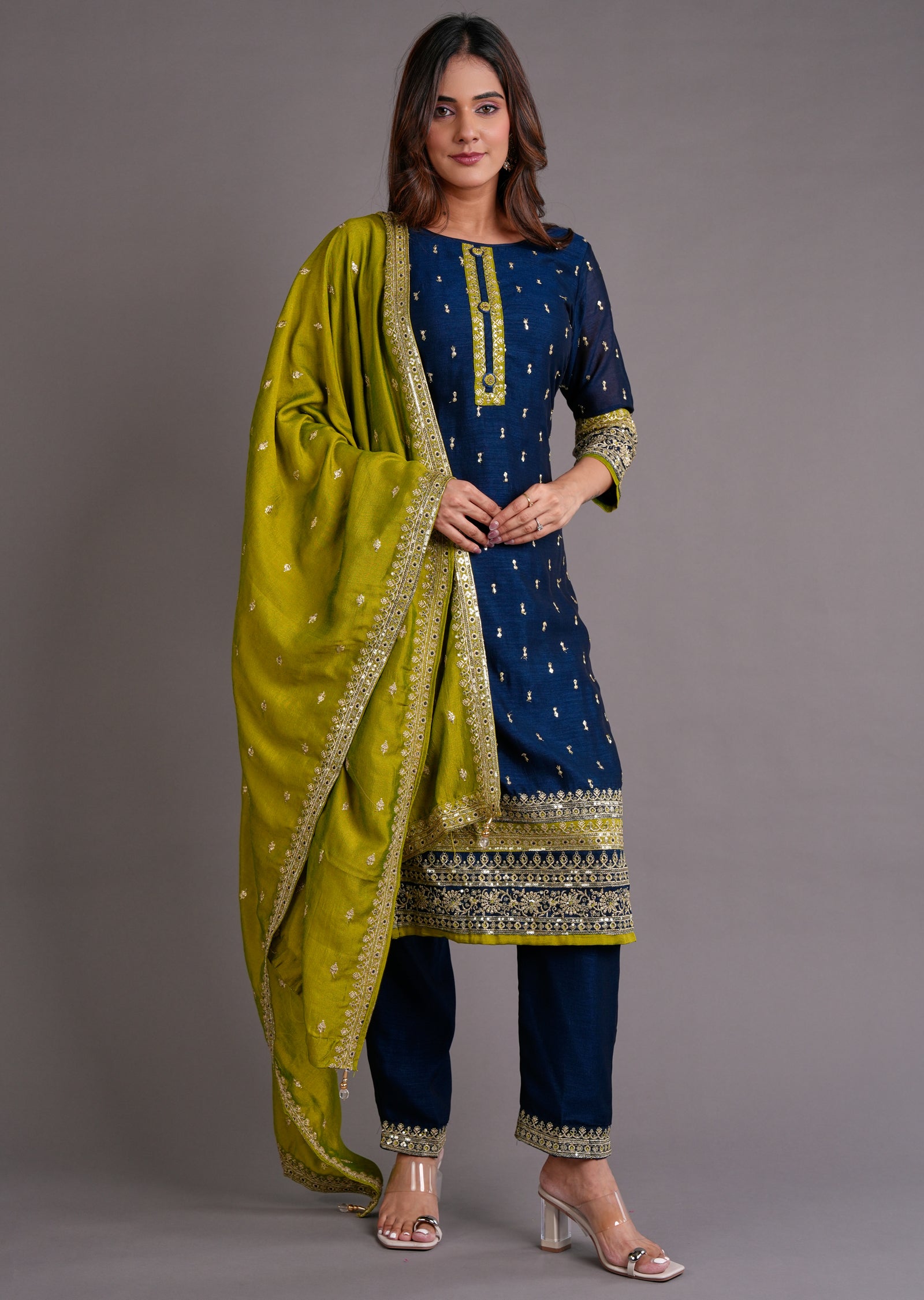 Navy Blue Silk Straight Cut Suit