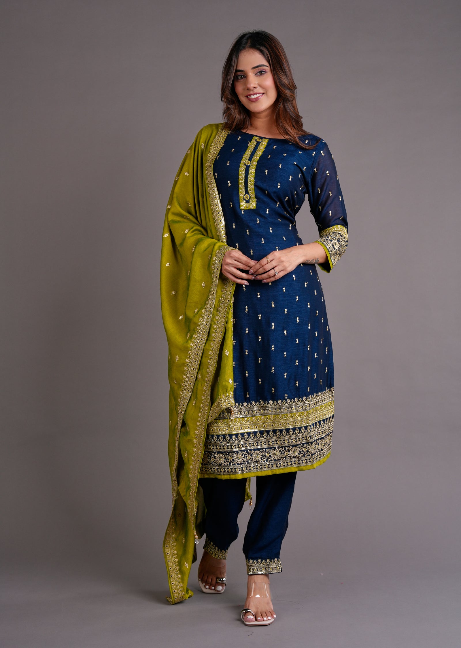 Navy Blue Silk Straight Cut Suit