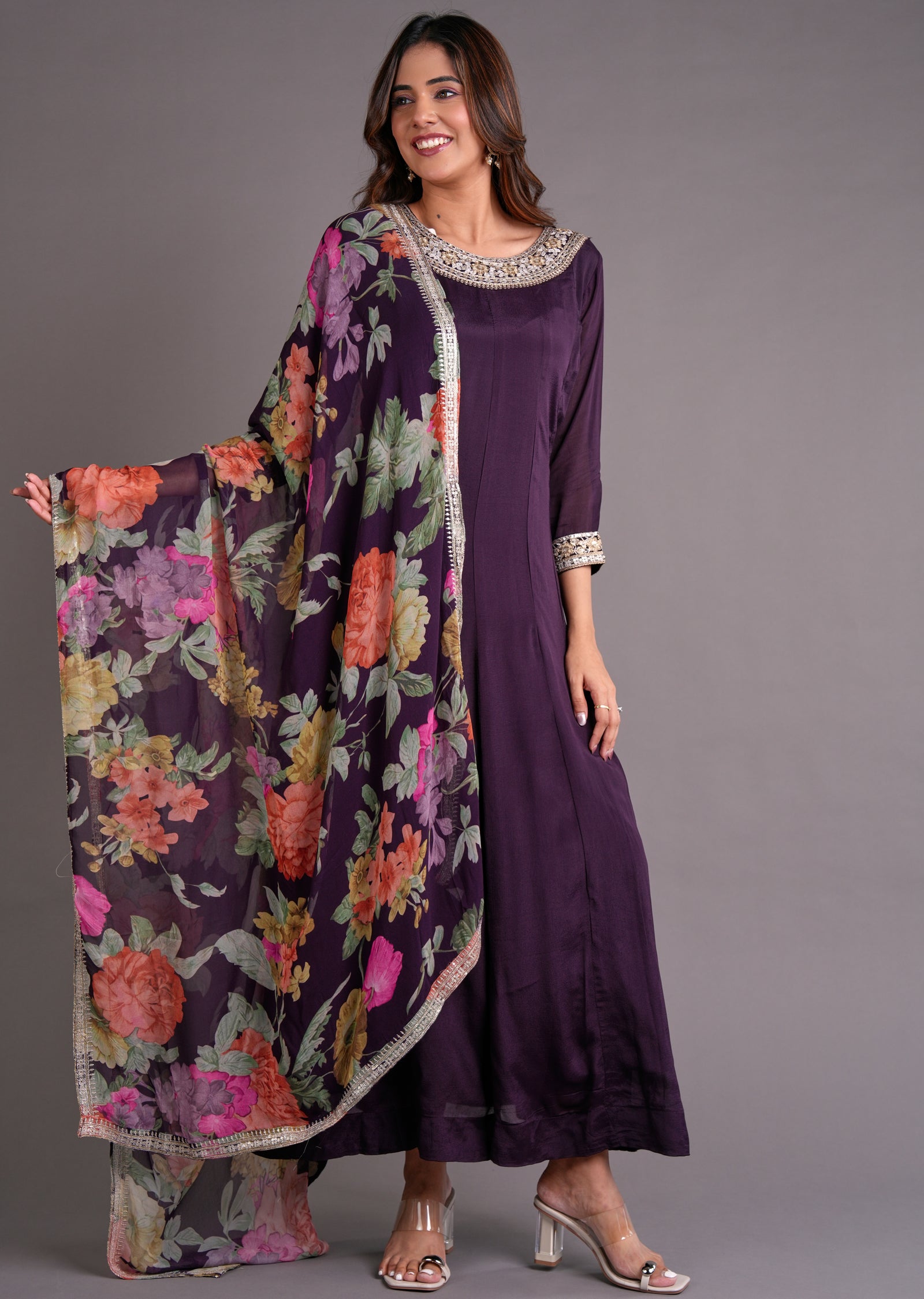 Wine Chinnon Anarkali Suit