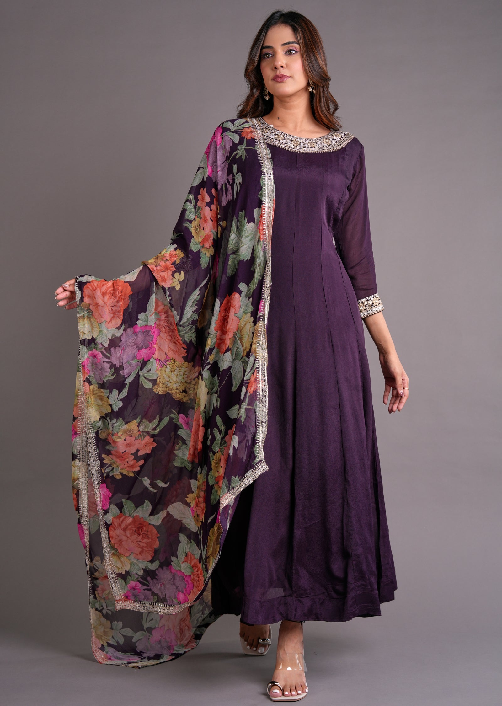 Wine Chinnon Anarkali Suit