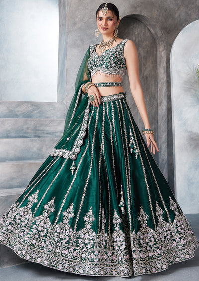 Bottle Green Raw Silk Lehenga Set