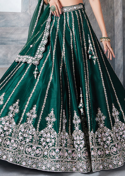 Bottle Green Raw Silk Lehenga Set