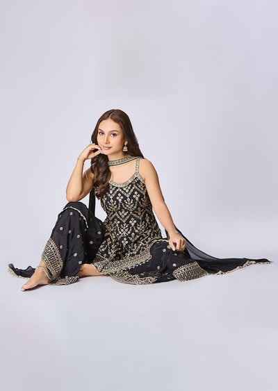 Black Silk Shararas Ghararas Set