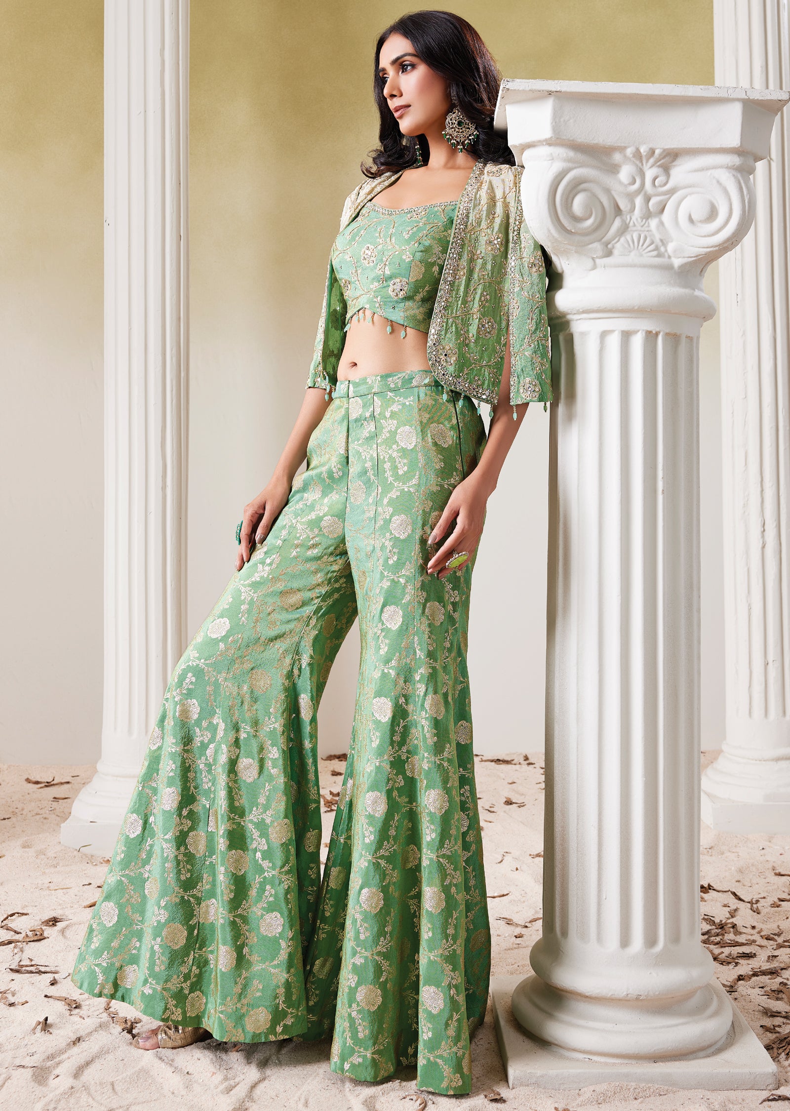 Green Tissue Indo western Set