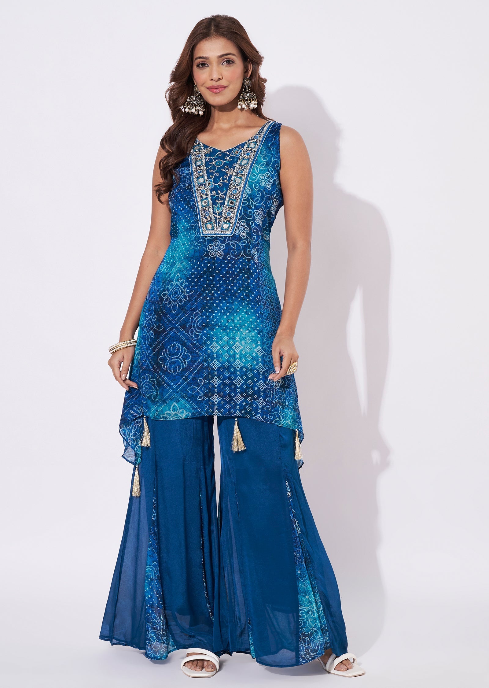 Rama Blue Chinnon Straight Cut Kurti Set
