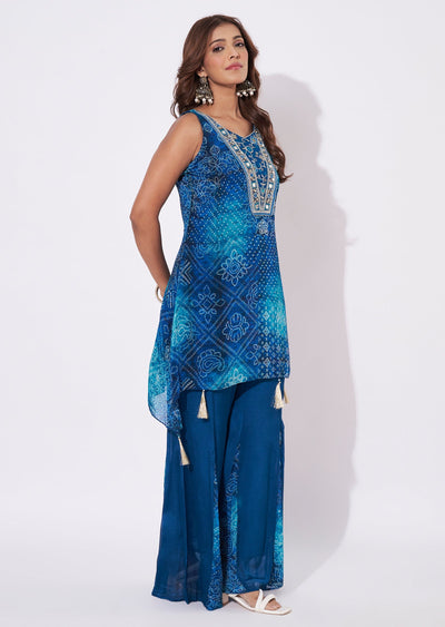 Rama Blue Chinnon Straight Cut Kurti Set