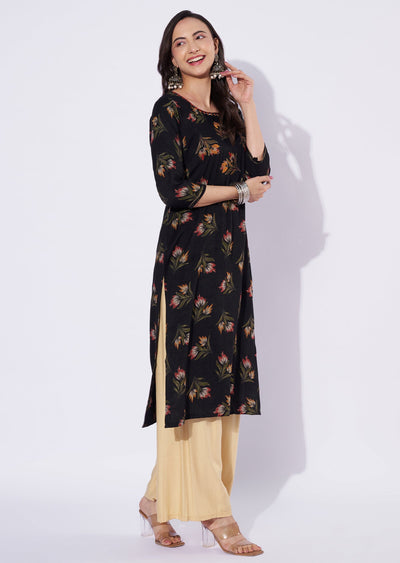 Black Cotton Straight Cut Kurti