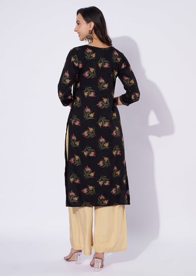 Black Cotton Straight Cut Kurti