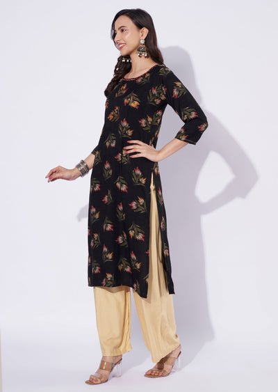 Black Cotton Straight Cut Kurti