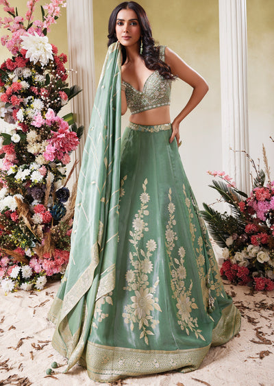 Dusty Green Banaras Lehenga Set