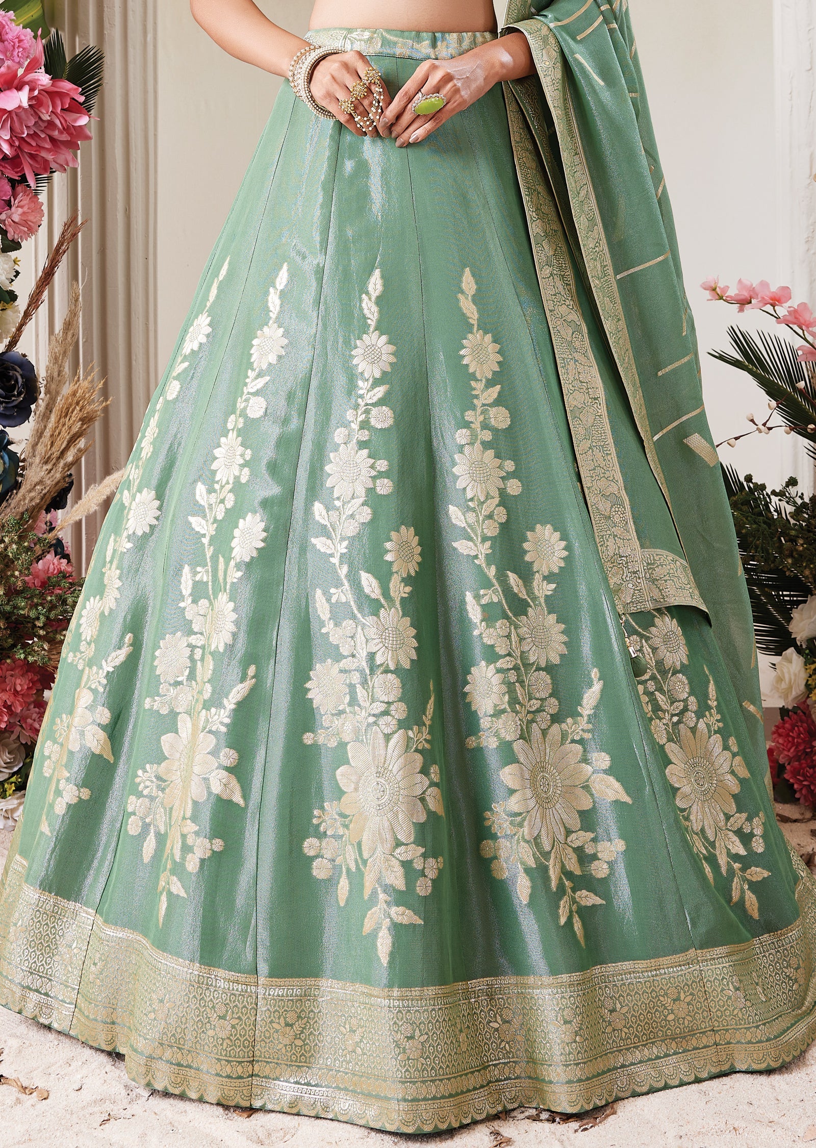 Dusty Green Banaras Lehenga Set