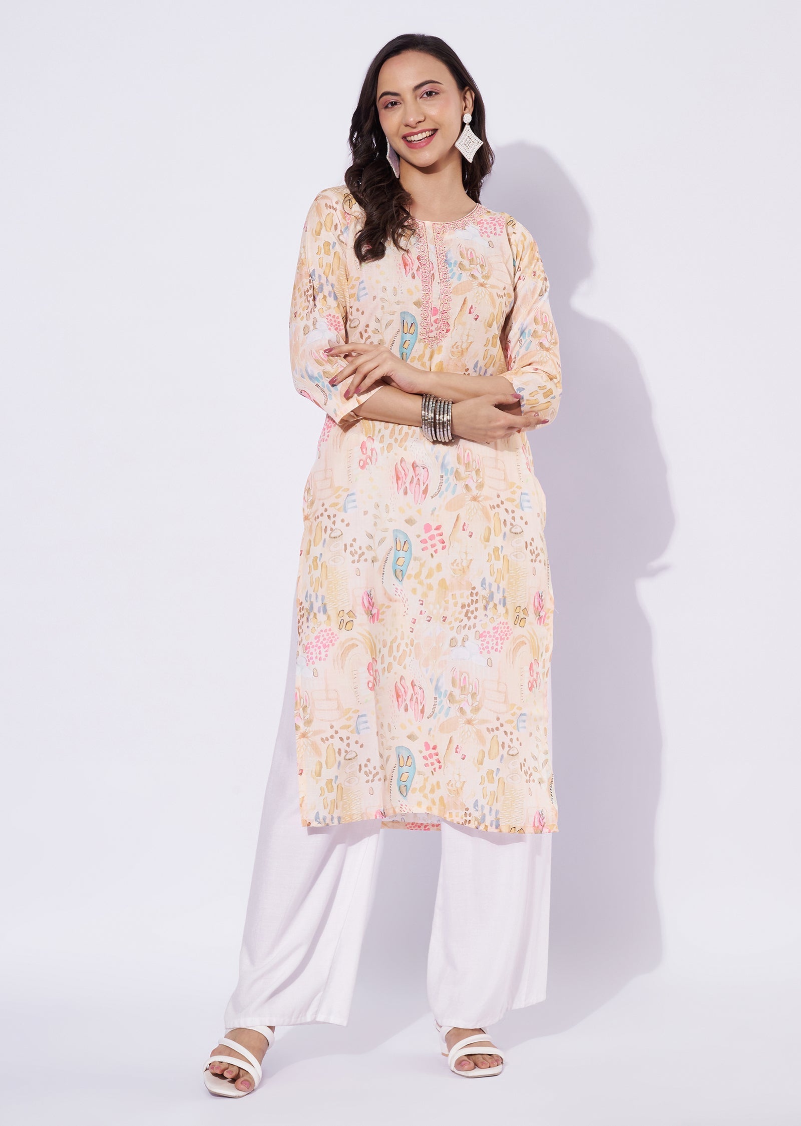 Light Yellow Linen Cotton Straight Cut Kurti