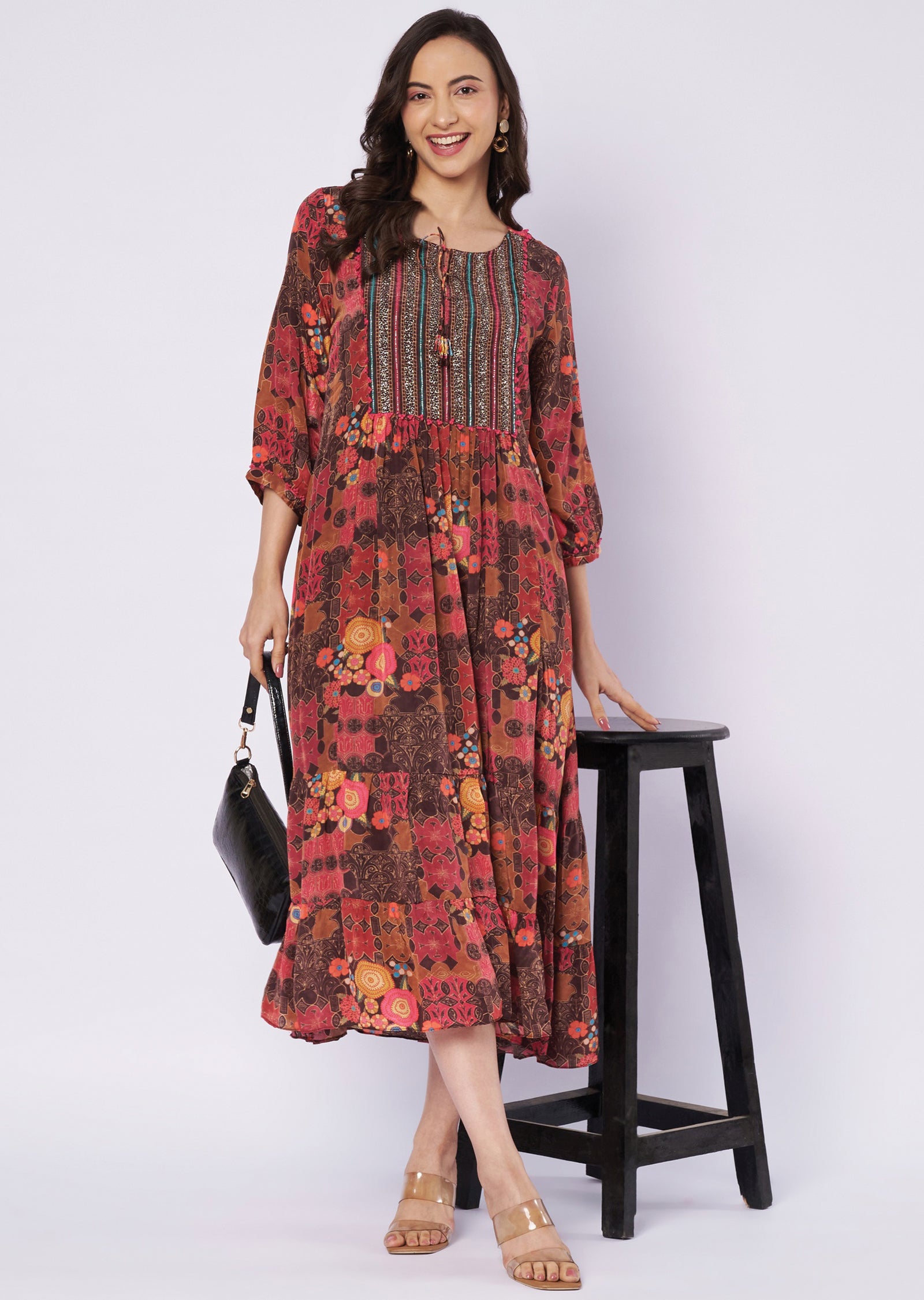 Printed brown crepe kurti