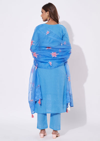 Blue Cotton Straight Cut Suit