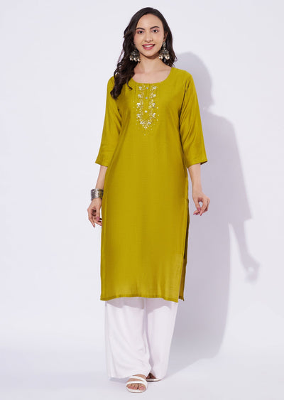 Lime Green Gold Straight Cut Kurti