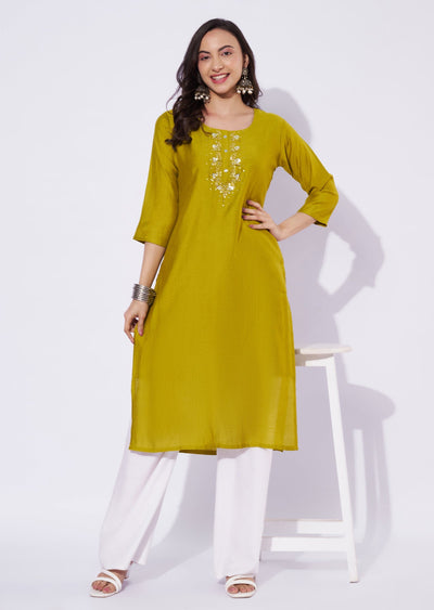 Lime Green Gold Straight Cut Kurti