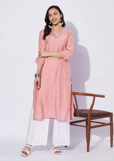 Peach Russian Silk Straight Cut Kurti