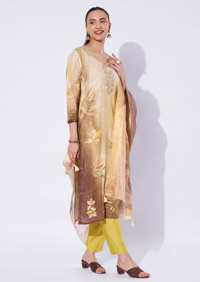 Beige Chanderi Straight Cut Suit