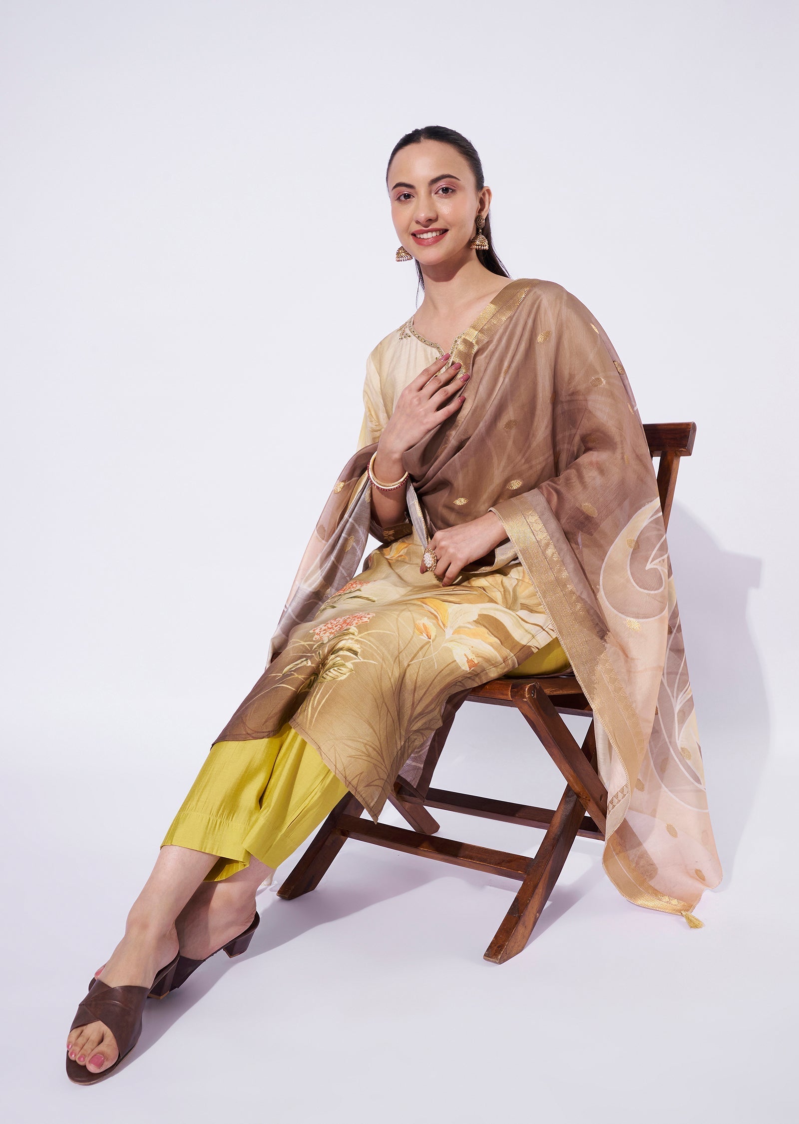 Beige Chanderi Straight Cut Suit