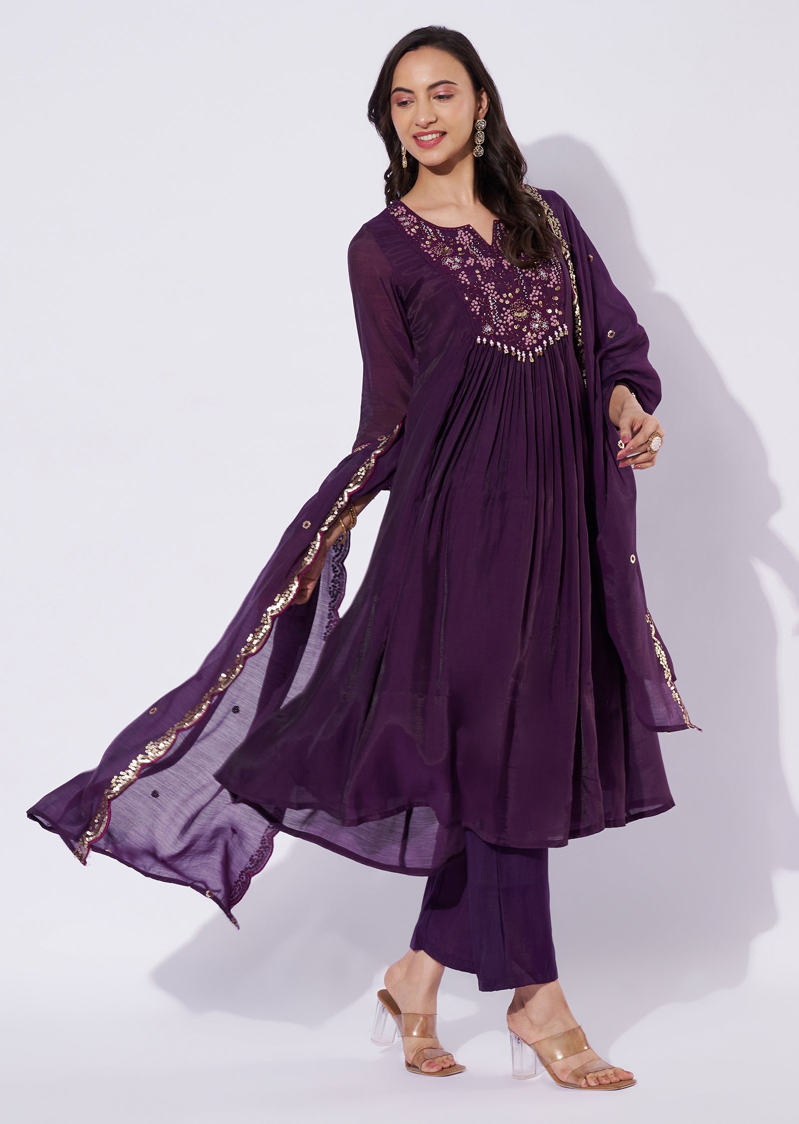 Wine Mul Chanderi Anarkali Suit