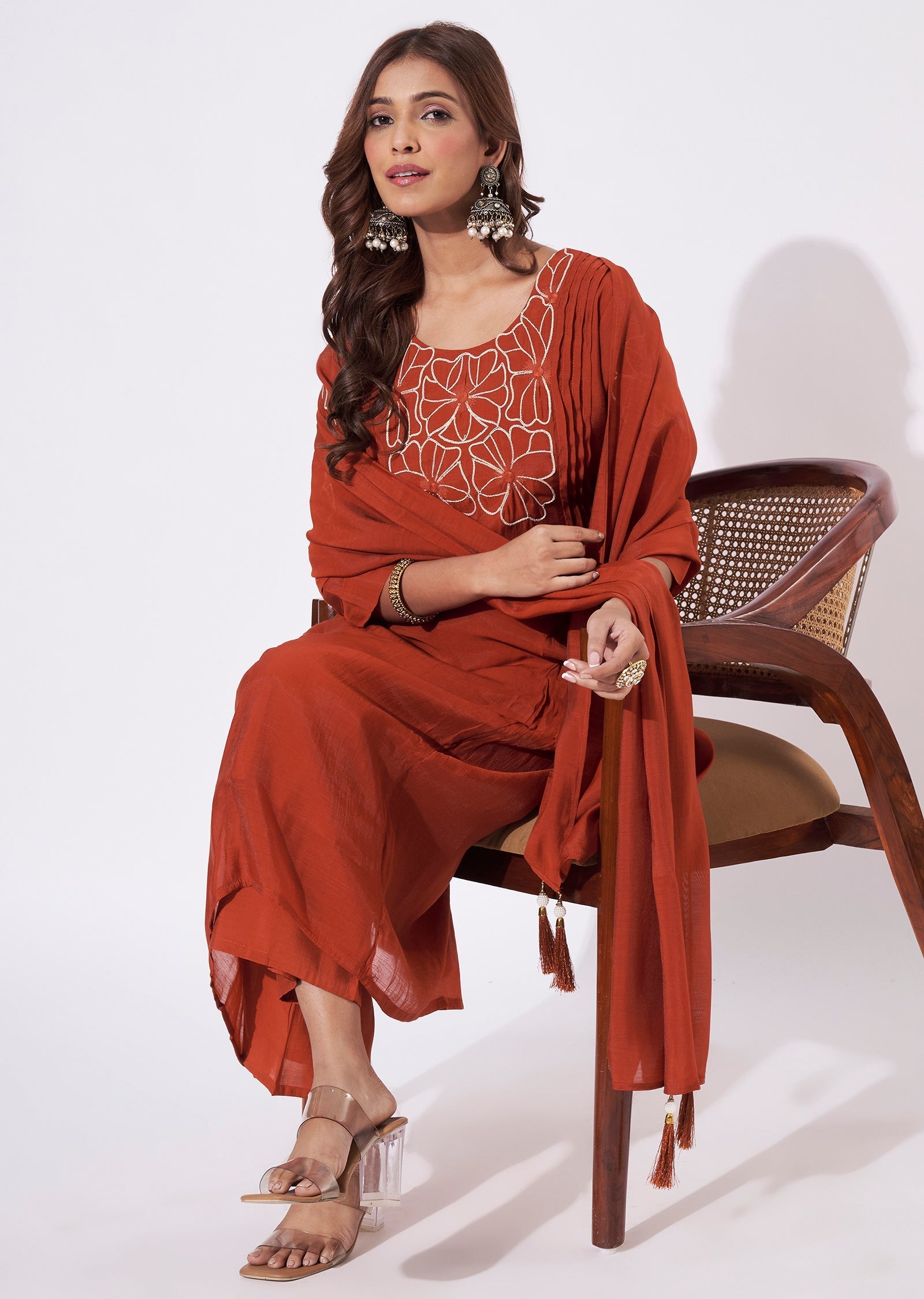 Dark Rust Mal Chanderi Anarkali Suit