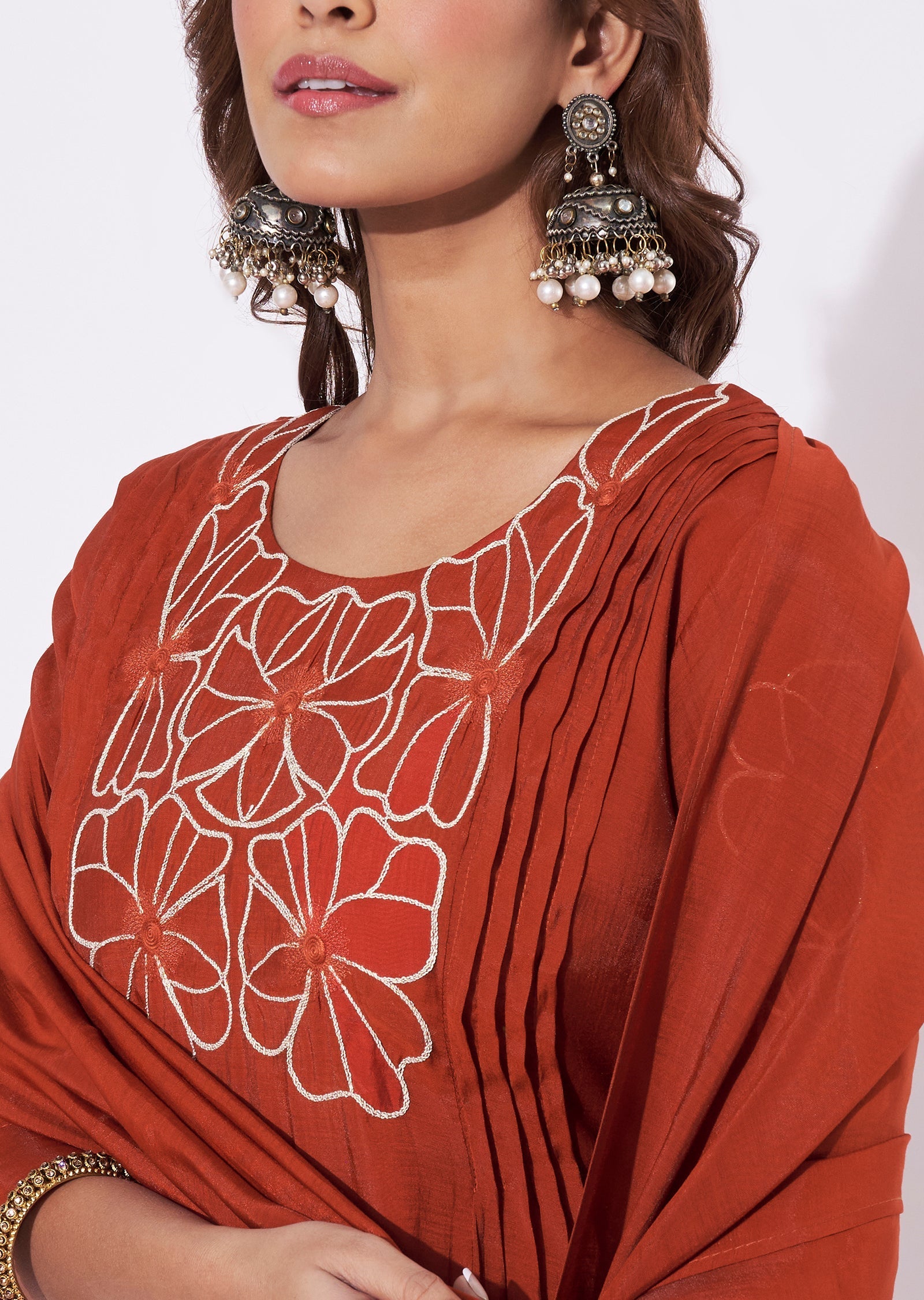 Dark Rust Mal Chanderi Anarkali Suit