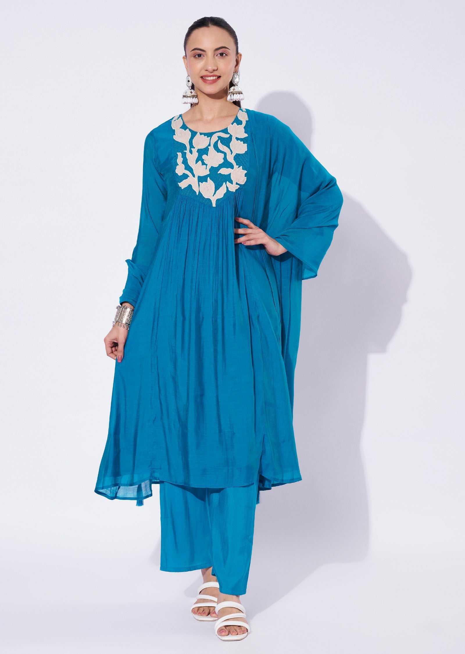 Firozi Chanderi Anarkali Suit