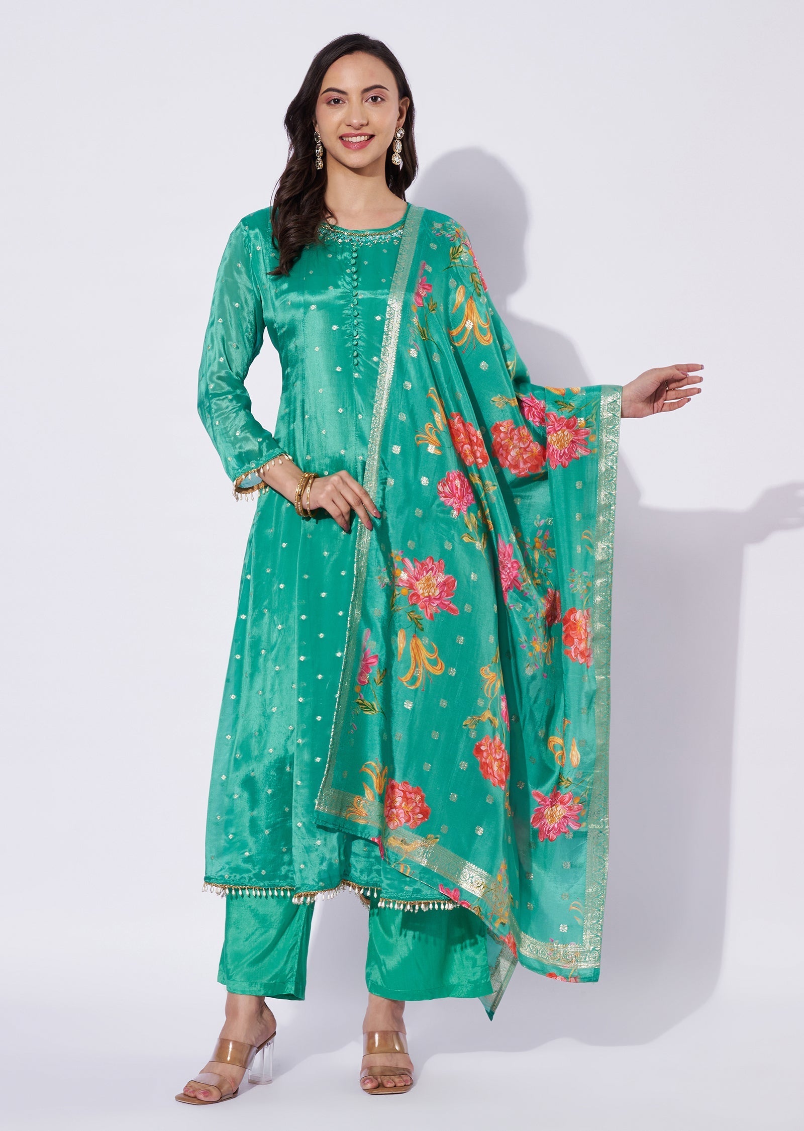 Sea Green Chinnon Anarkali Suit