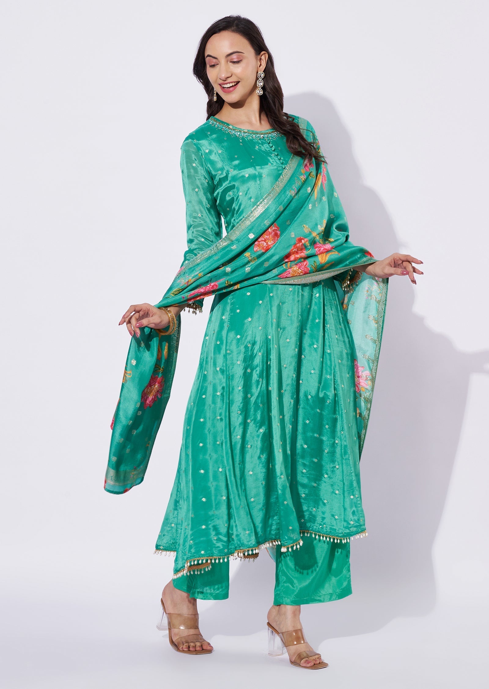 Sea Green Chinnon Anarkali Suit