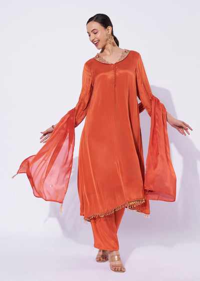 Rust Chinnon Tail-Cut Kurti Set
