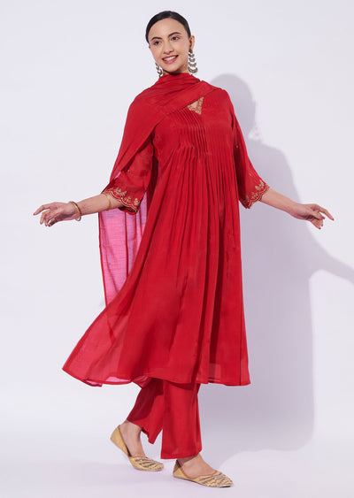 Red Mul Chanderi Anarkali Suit