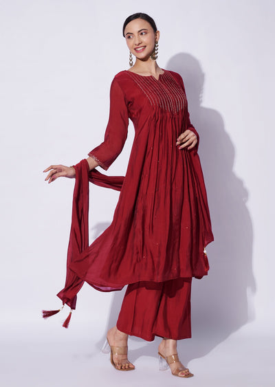 Maroon Mal Chanderi Anarkali Suit