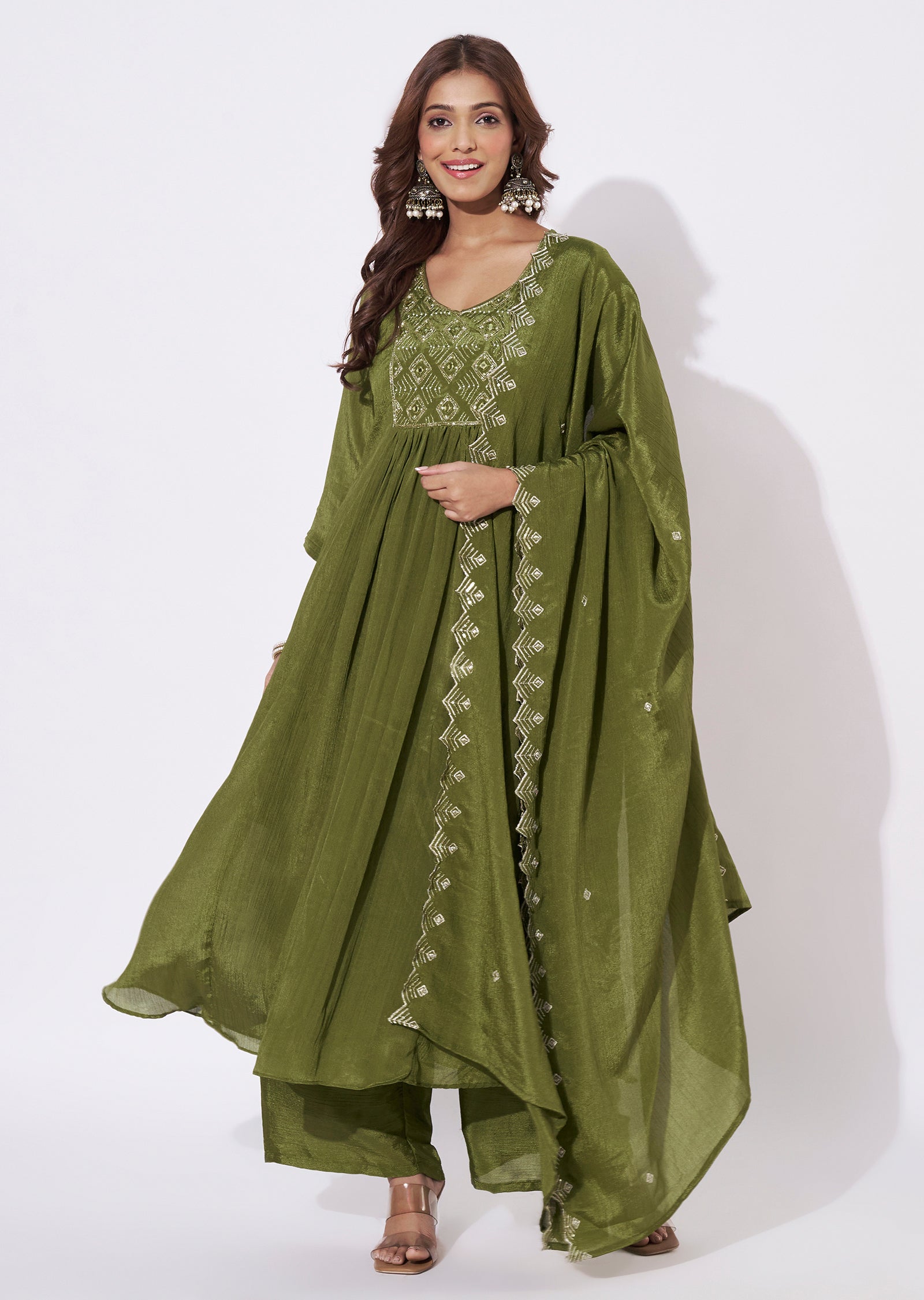 Olive Green Chinnon Anarkali Suit