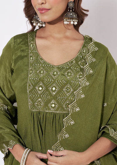 Olive Green Chinnon Anarkali Suit