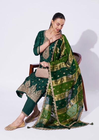 Bottle Green Silk Straight Cut Suit