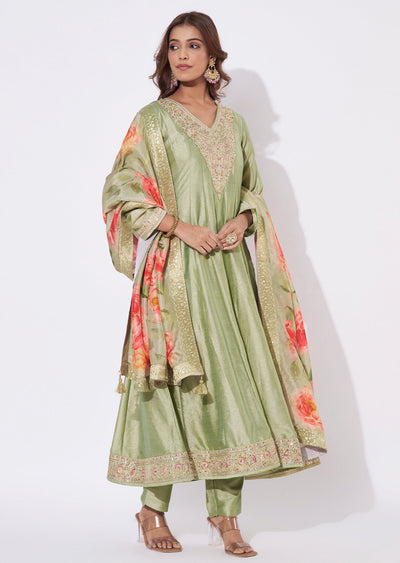 Dusty Green Silk Anarkali Suit