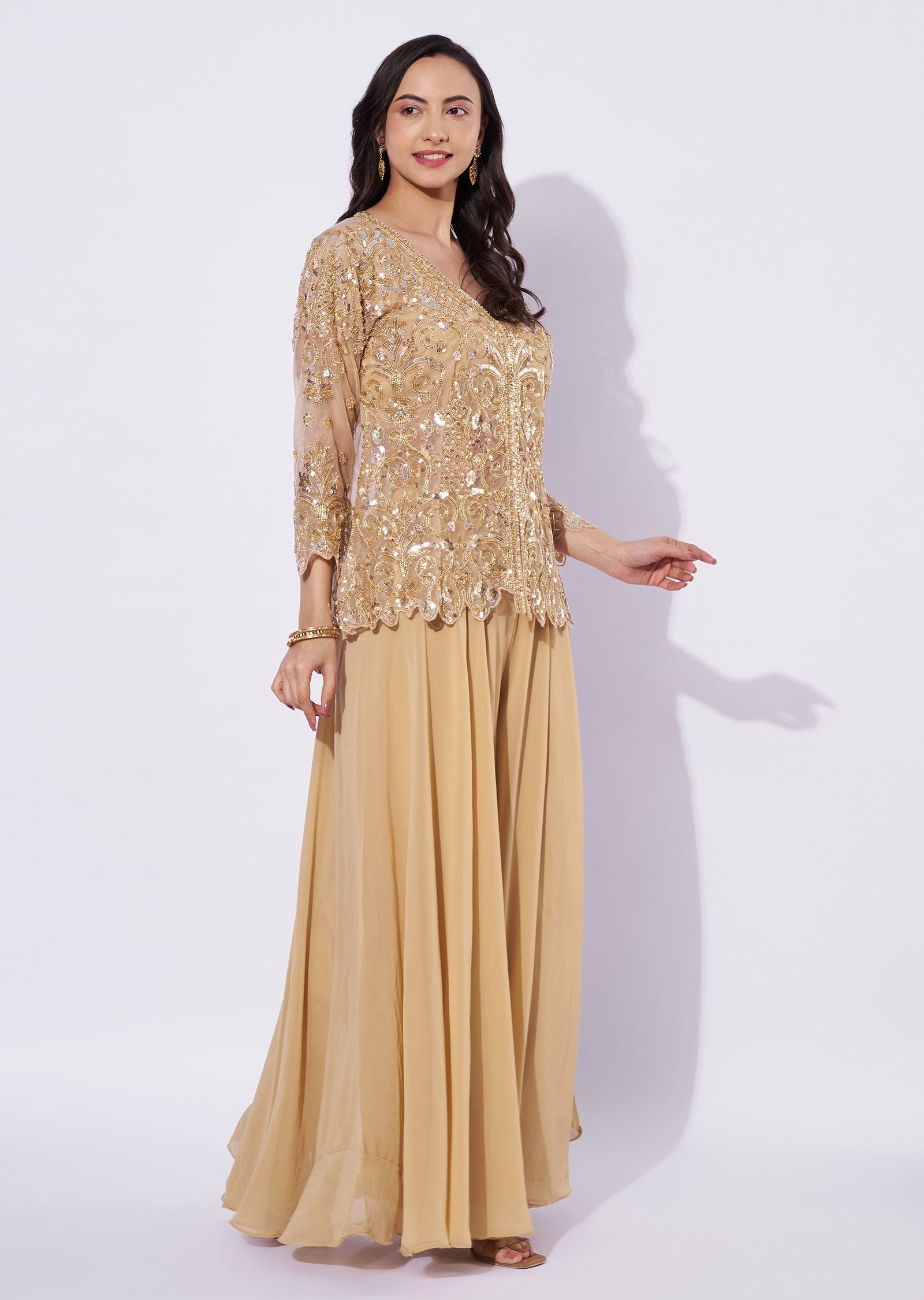 Beige Net Palazzo Set
