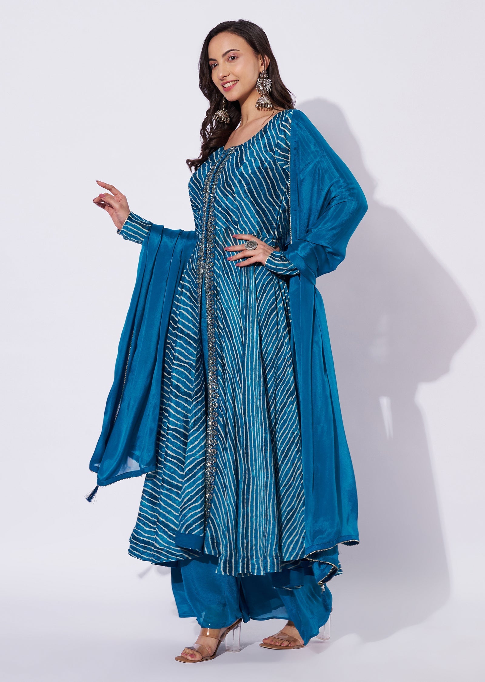 Teal Blue Chinnon Anarkali Suit