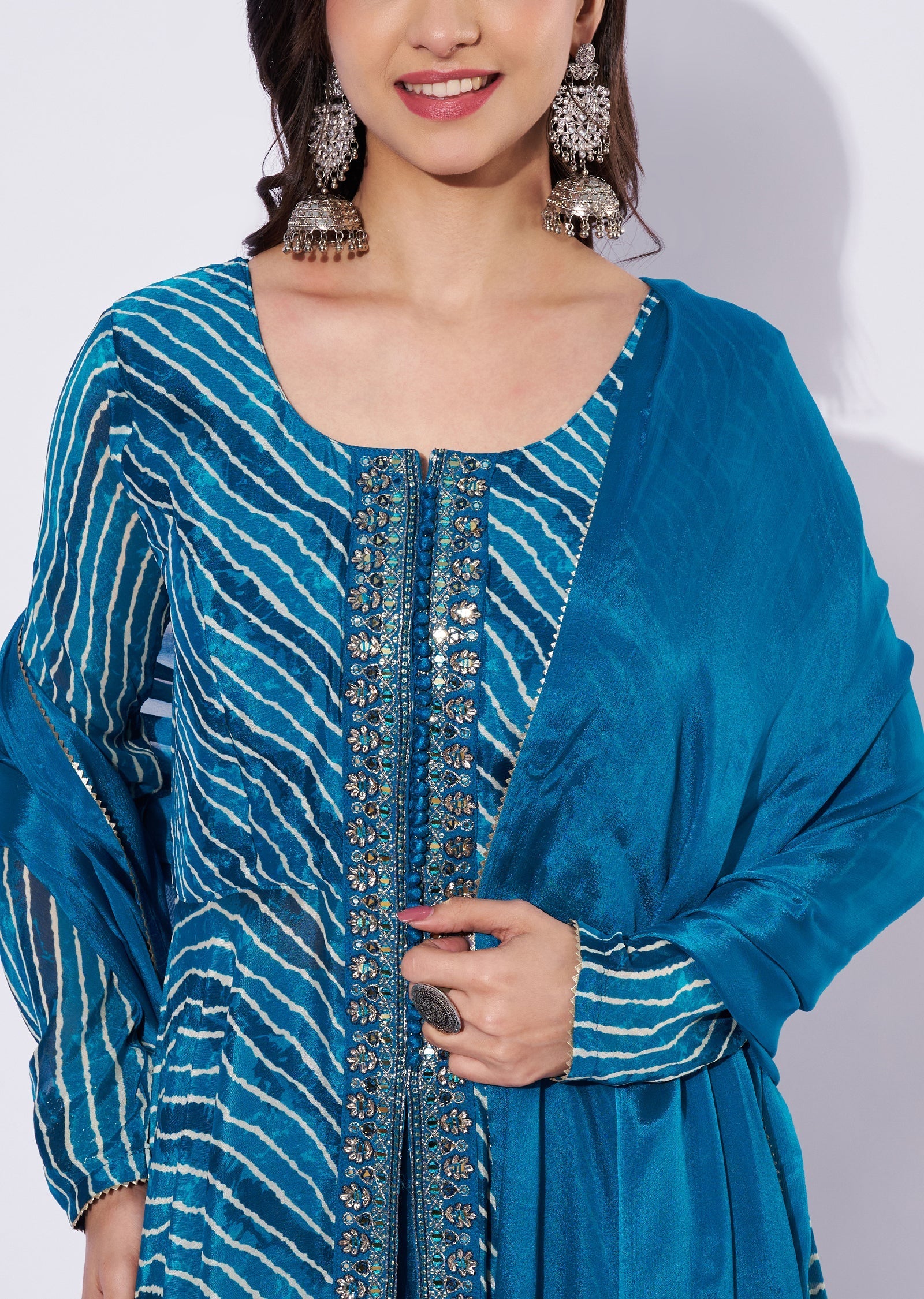 Teal Blue Chinnon Anarkali Suit