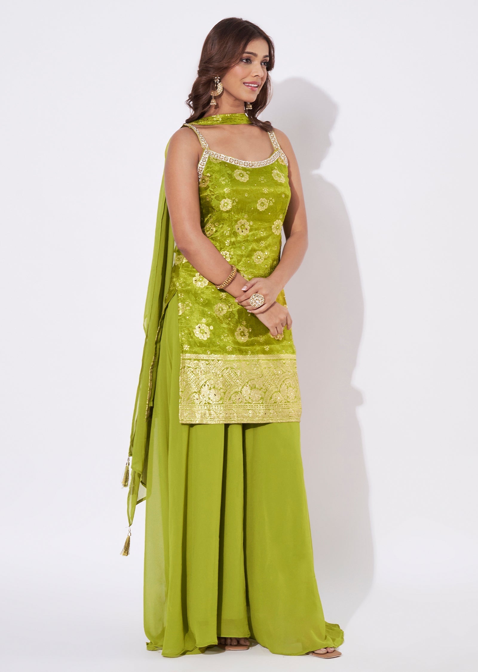 Mehendi Green Chinnon Straight Cut Suit