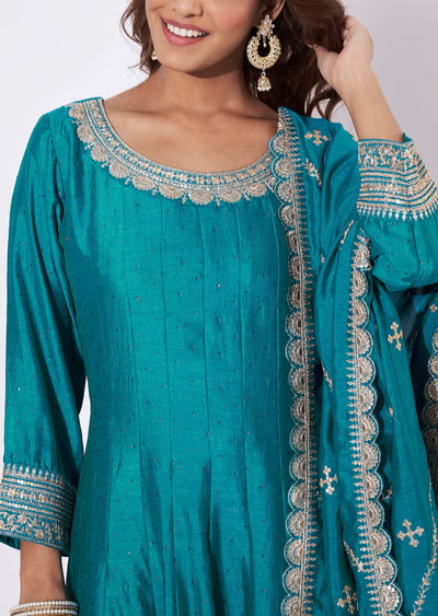 Rama Blue Silk Anarkali Suit