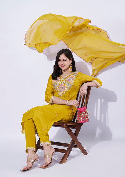 Yellow Chinnon straight cut kurti set