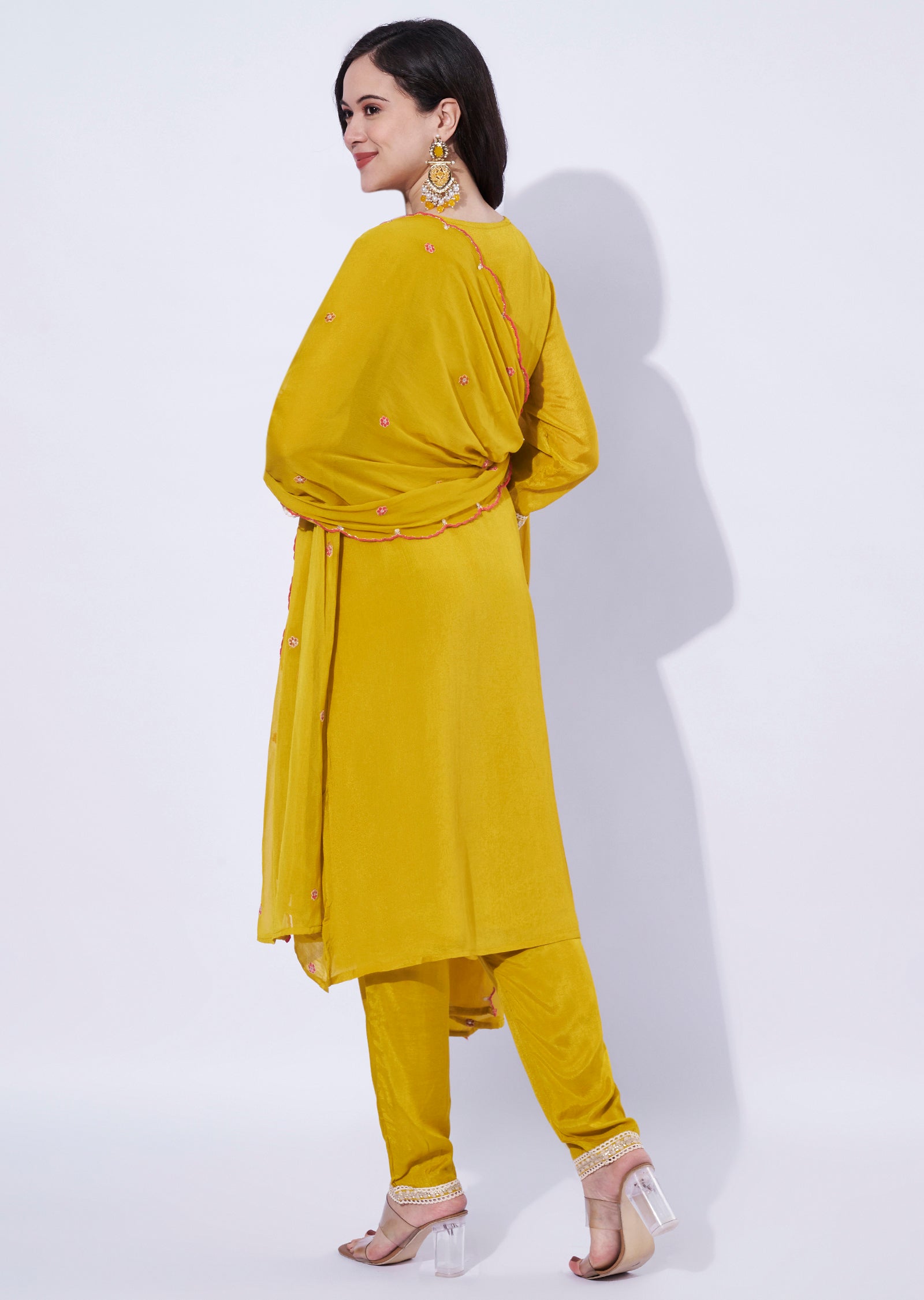 Yellow Chinnon straight cut kurti set