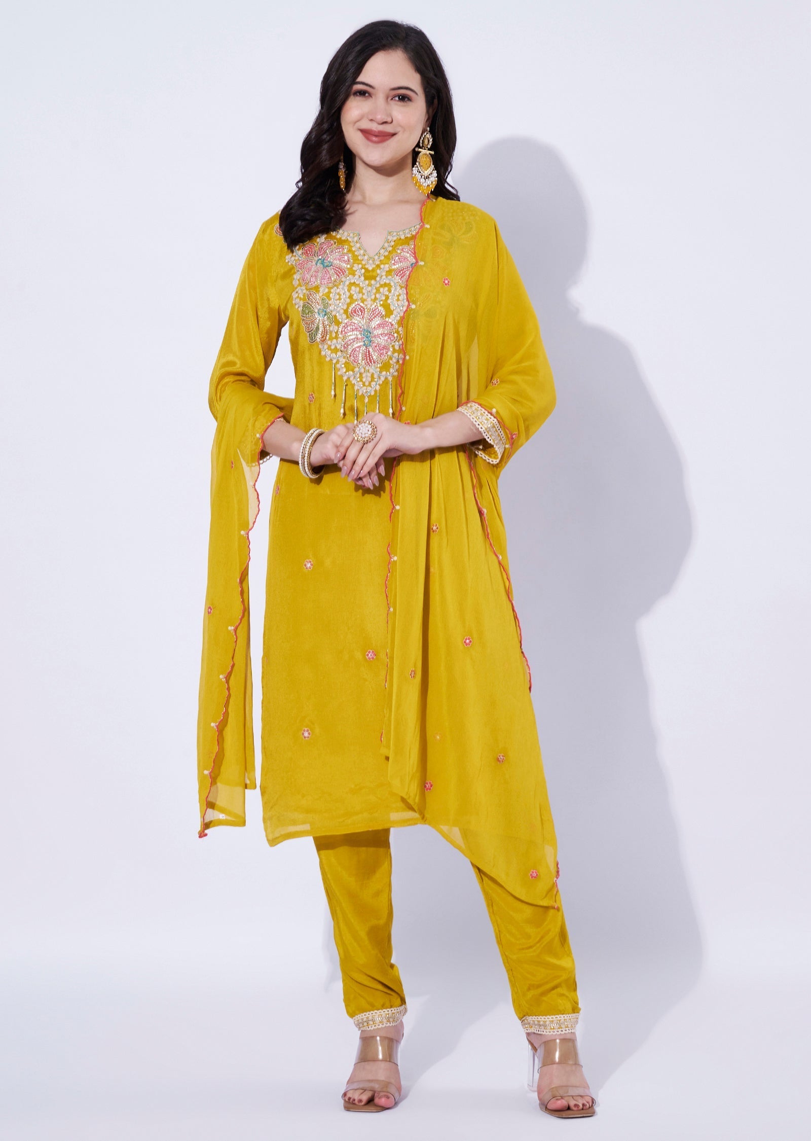 Yellow Chinnon straight cut kurti set