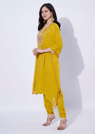 Yellow Chinnon straight cut kurti set