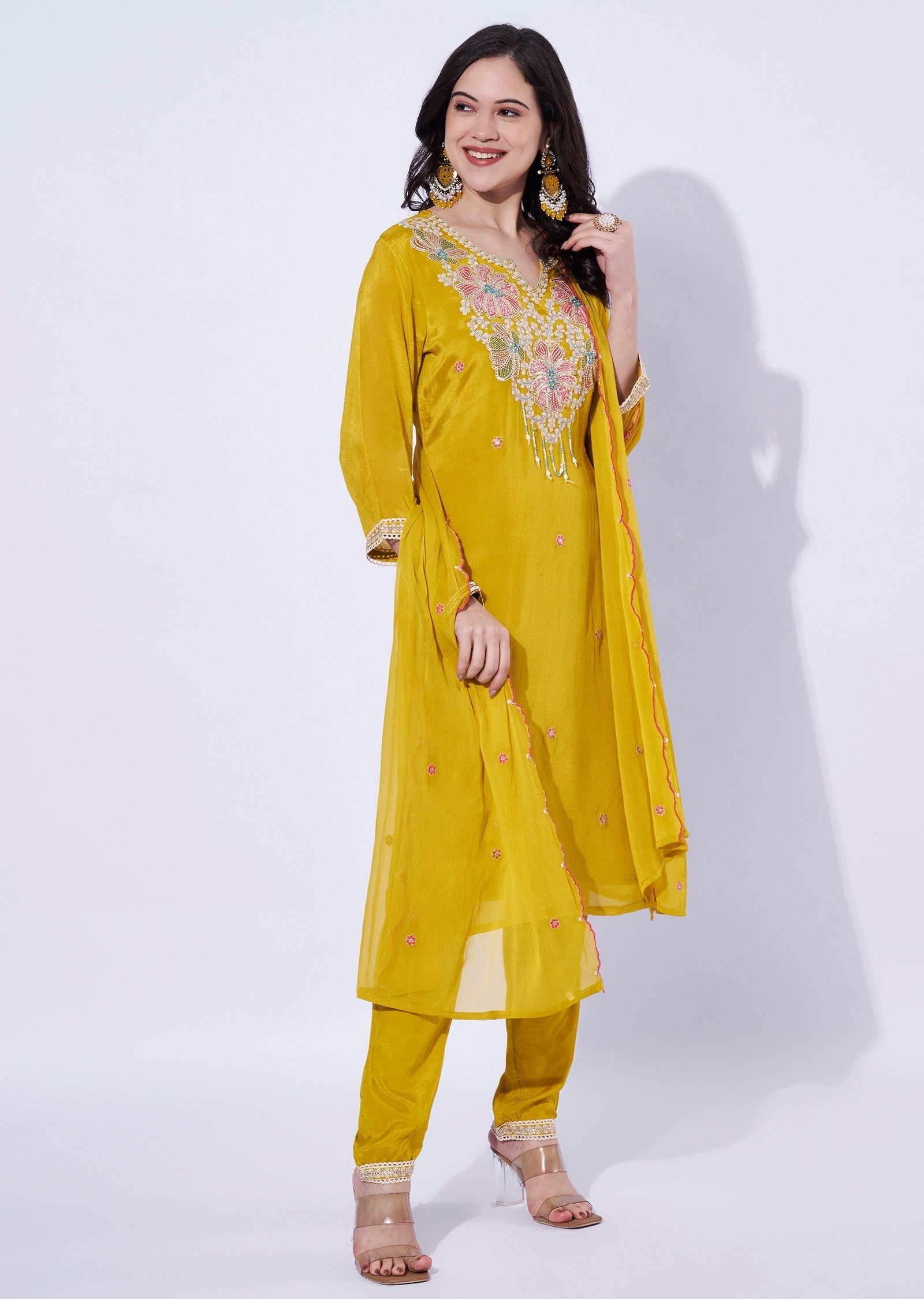 Yellow Chinnon straight cut kurti set